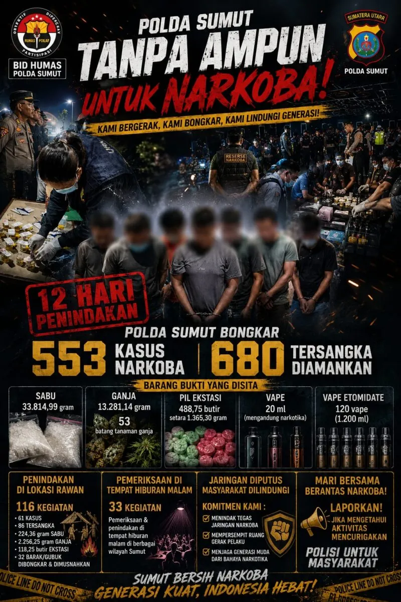 12 Hari Penindakan, Polda Sumut Bongkar 553 Kasus Narkoba dan Amankan 680 Tersangka